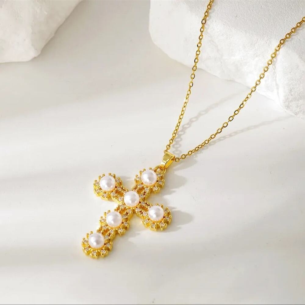 Gold Plated and Pearl Cross Stainless Steel Pendant Necklace